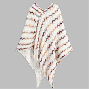 Soft Knitted Rainbow Color Stitch Fringe Poncho Cape